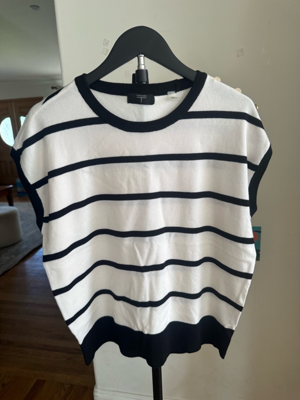Tahari Black and White Striped Crewneck Short Sleeve Sweater